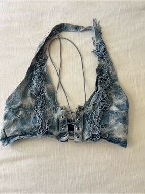 Western fringe denim halter crop top